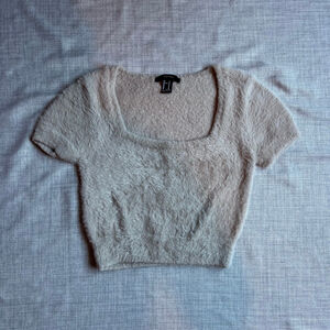 Forever 21 Beige Fuzzy Short Sleeve Crop Top Size M